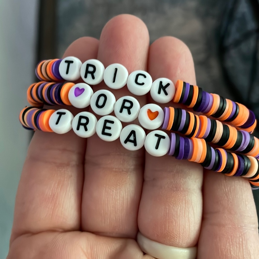 Homemade clay bead bracelets. Set of 3. Stretchy Halloween bracelets.